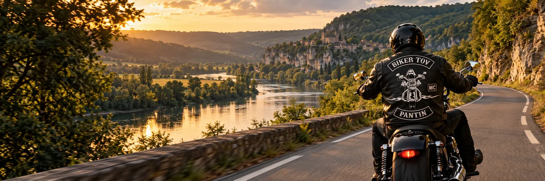 Motard portant le gilet Biker Tov sur une route au bord d’une rivière