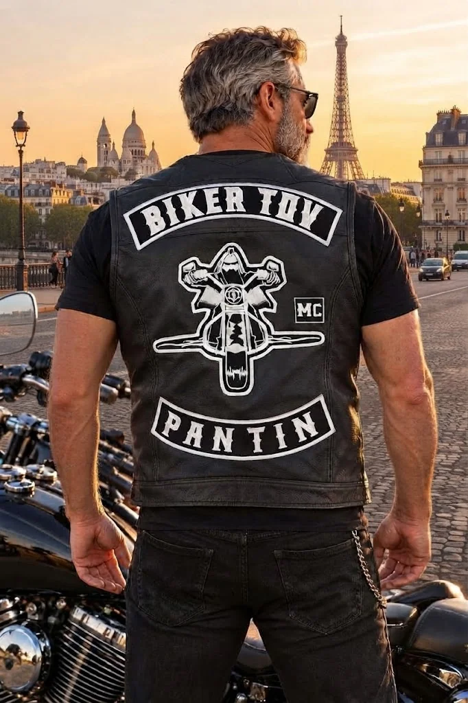 Motard vu de dos portant le gilet Biker Tov, avec le rocker « Biker Tov » au dos, devant les toits de Paris