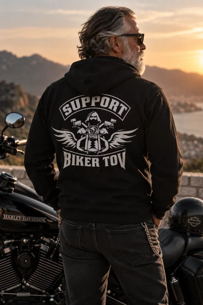 Veste zippée à capuche noire Biker Tov, vue de dos